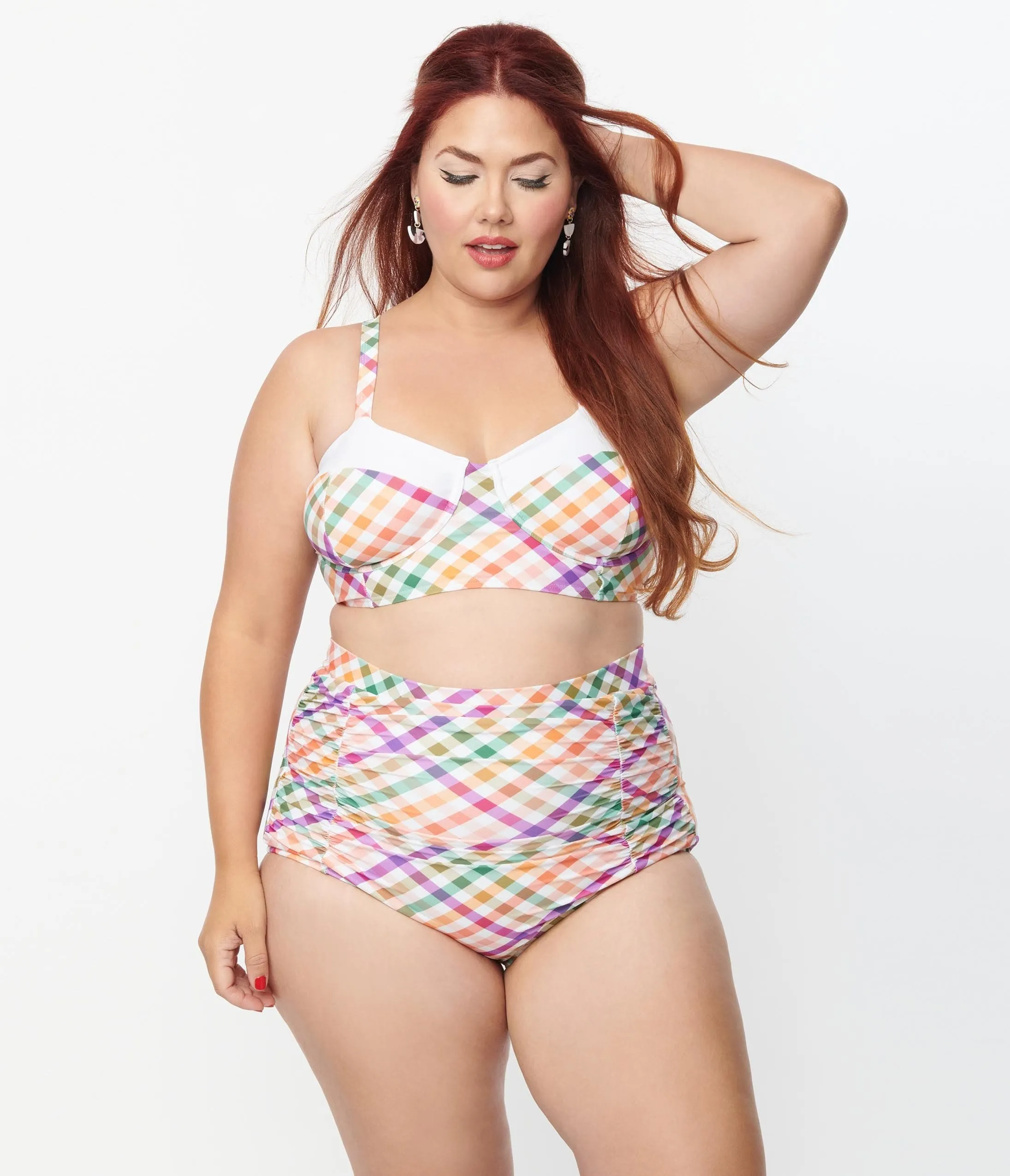Unique Vintage Plus Size Pastel Madras Gingham Marlene Crop Swim Top