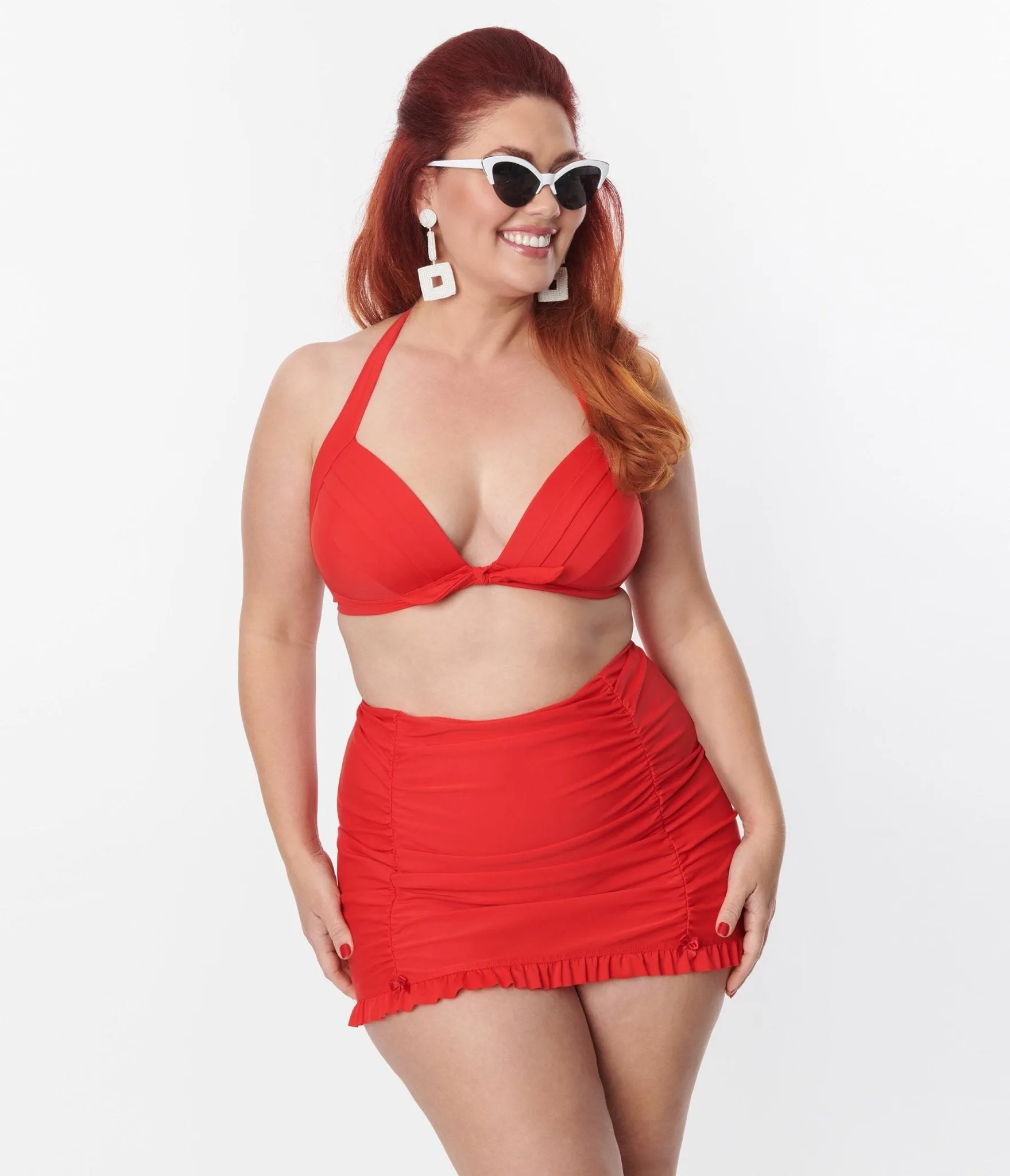 Unique Vintage Plus Size Red Monroe Halter Swim Top