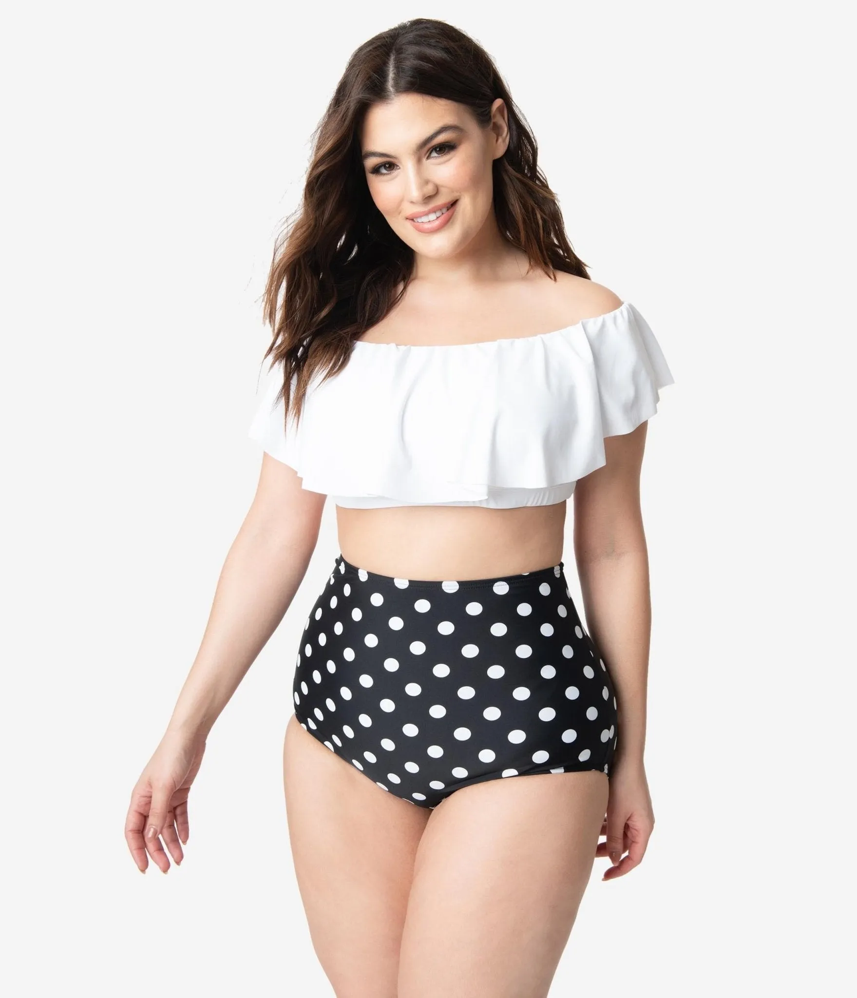 Unique Vintage Plus Size White Ruffled Ramona Swim Top