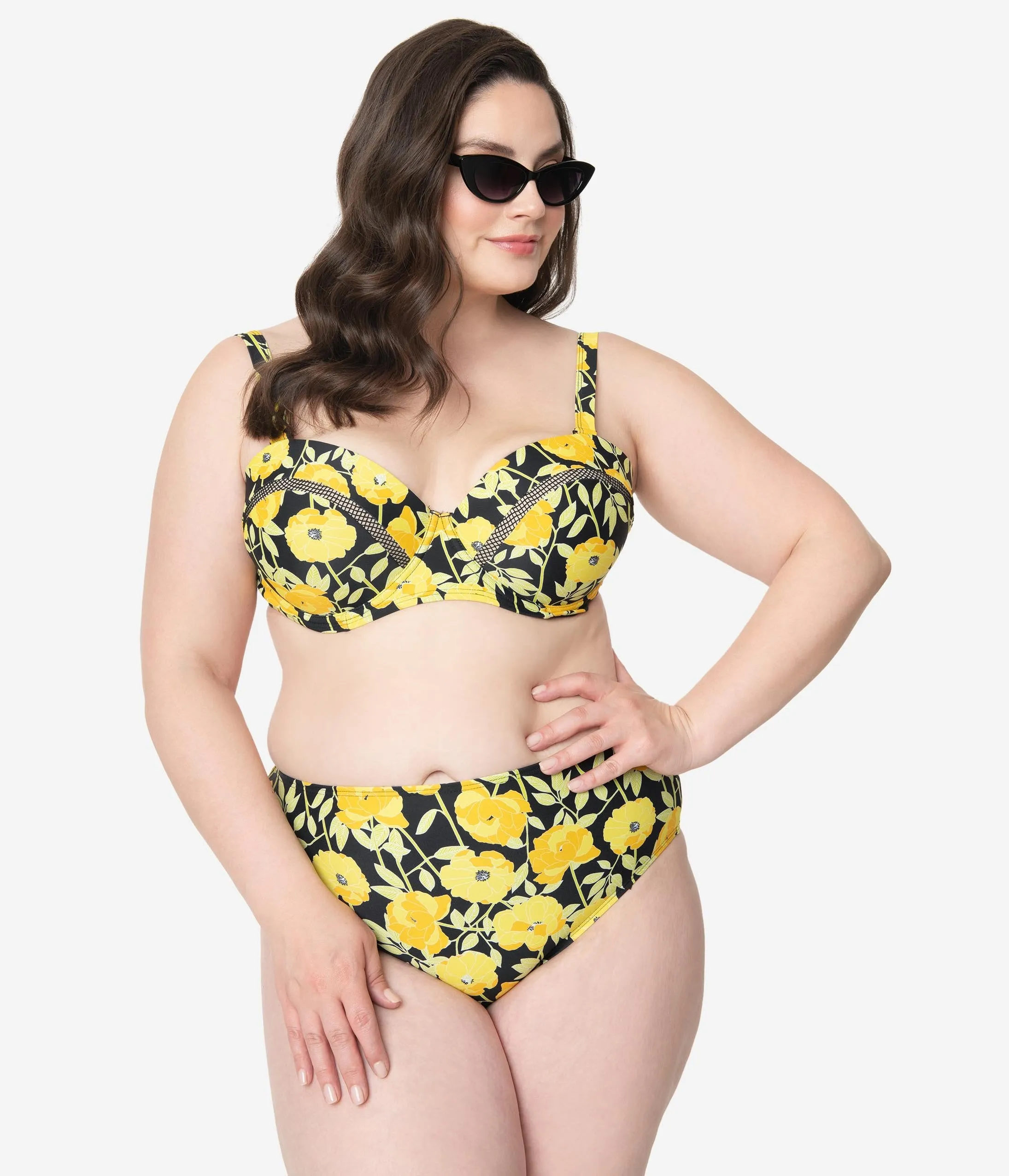 Unique Vintage Plus Size Yellow Poppy Print Daphne Swim Bottoms