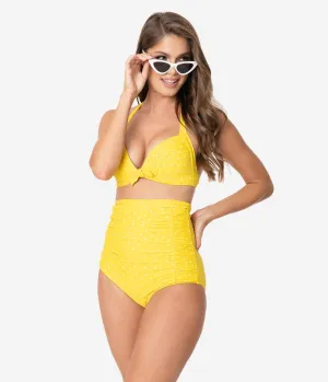 Unique Vintage Yellow & White Pin Dot Monroe High Waist Swim Bottom