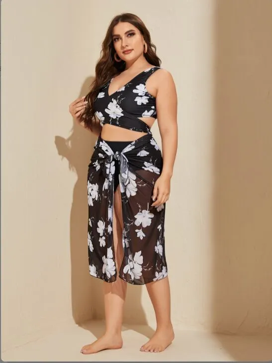 Upopby 3-Piece Swimsuit Floral Yarn Bikini Sets With Beach Cover-Up Skirt
