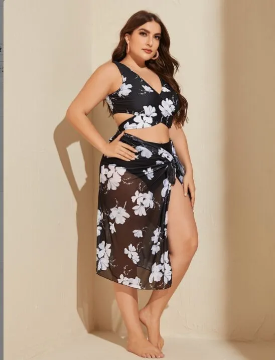Upopby 3-Piece Swimsuit Floral Yarn Bikini Sets With Beach Cover-Up Skirt