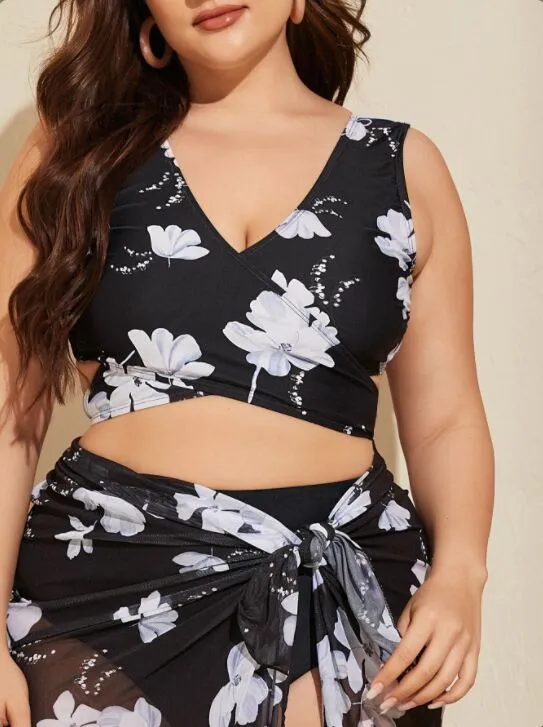 Upopby 3-Piece Swimsuit Floral Yarn Bikini Sets With Beach Cover-Up Skirt