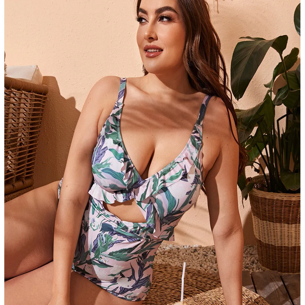 Upopby Leaf Printed Hollow Belly One-piece Swimsuit Plus Size