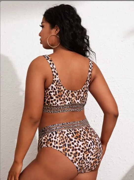 Upopby Leopard Print U-Neck Belly Control Two-Piece Swimsuit