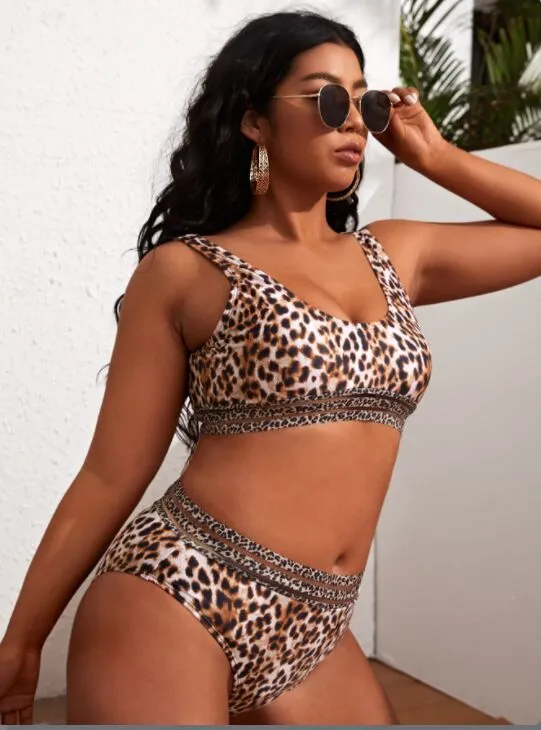 Upopby Leopard Print U-Neck Belly Control Two-Piece Swimsuit