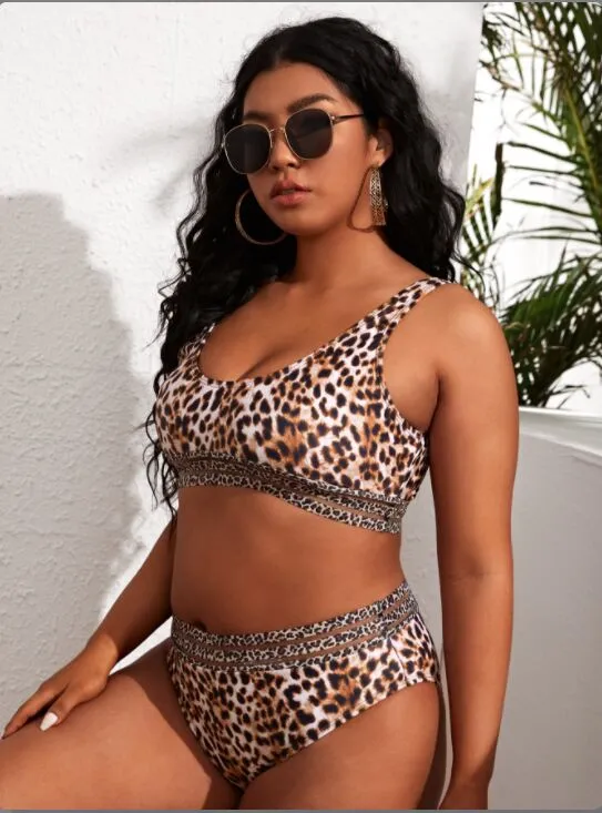 Upopby Leopard Print U-Neck Belly Control Two-Piece Swimsuit
