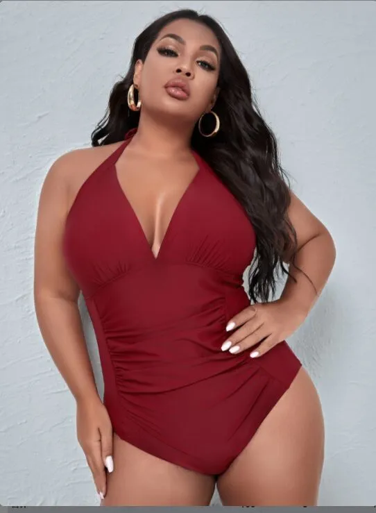 Upopby Red Halter Belly Control One-Piece Slim Swimsuit Plus Size