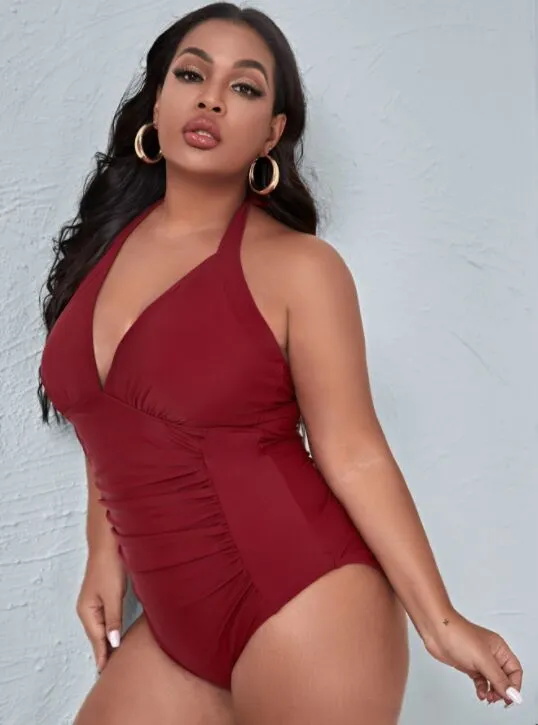 Upopby Red Halter Belly Control One-Piece Slim Swimsuit Plus Size