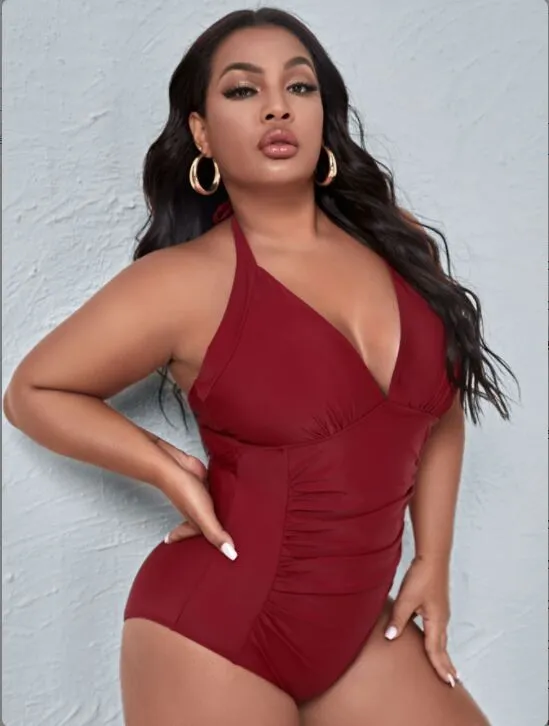 Upopby Red Halter Belly Control One-Piece Slim Swimsuit Plus Size