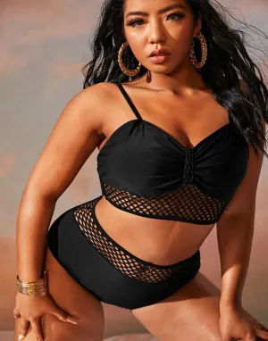Upopby Solid Black Mesh Hollow High Waist Bikini Swimsuit