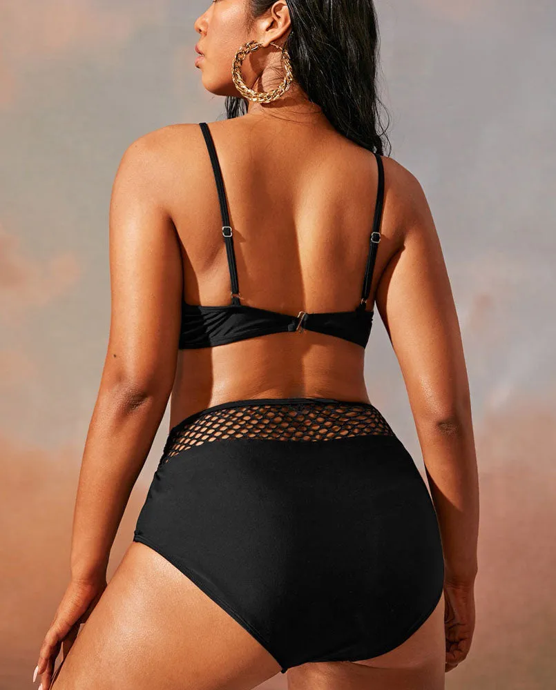Upopby Solid Black Mesh Hollow High Waist Bikini Swimsuit