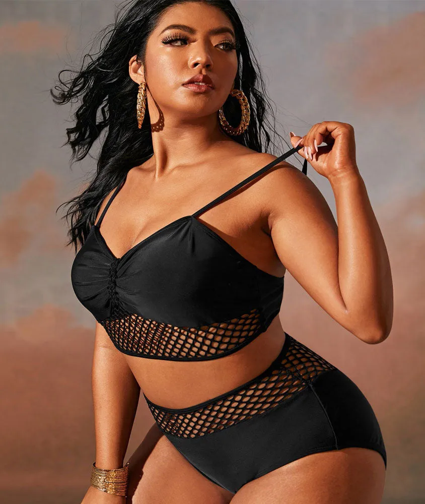 Upopby Solid Black Mesh Hollow High Waist Bikini Swimsuit