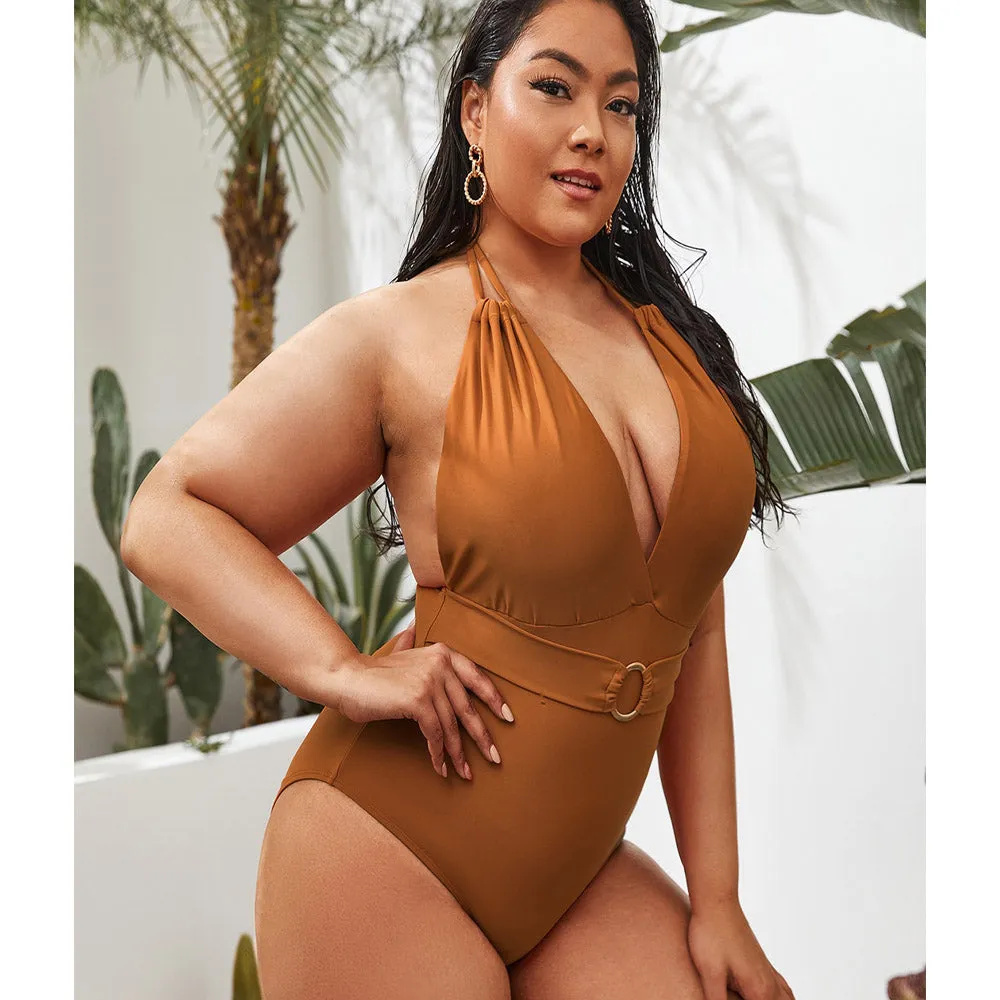 Upopby Solid Halter One-piece Swimsuit Plus Size
