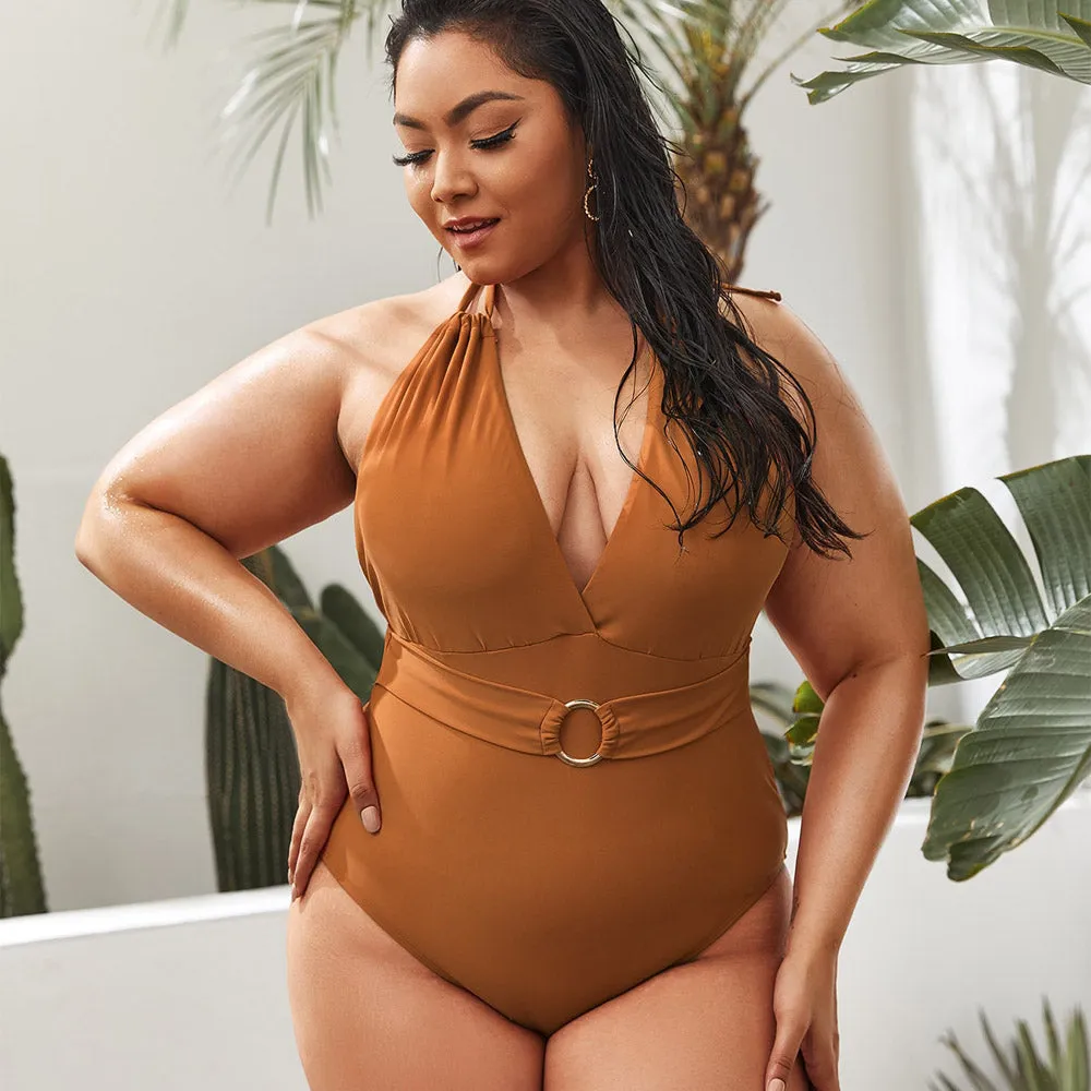 Upopby Solid Halter One-piece Swimsuit Plus Size