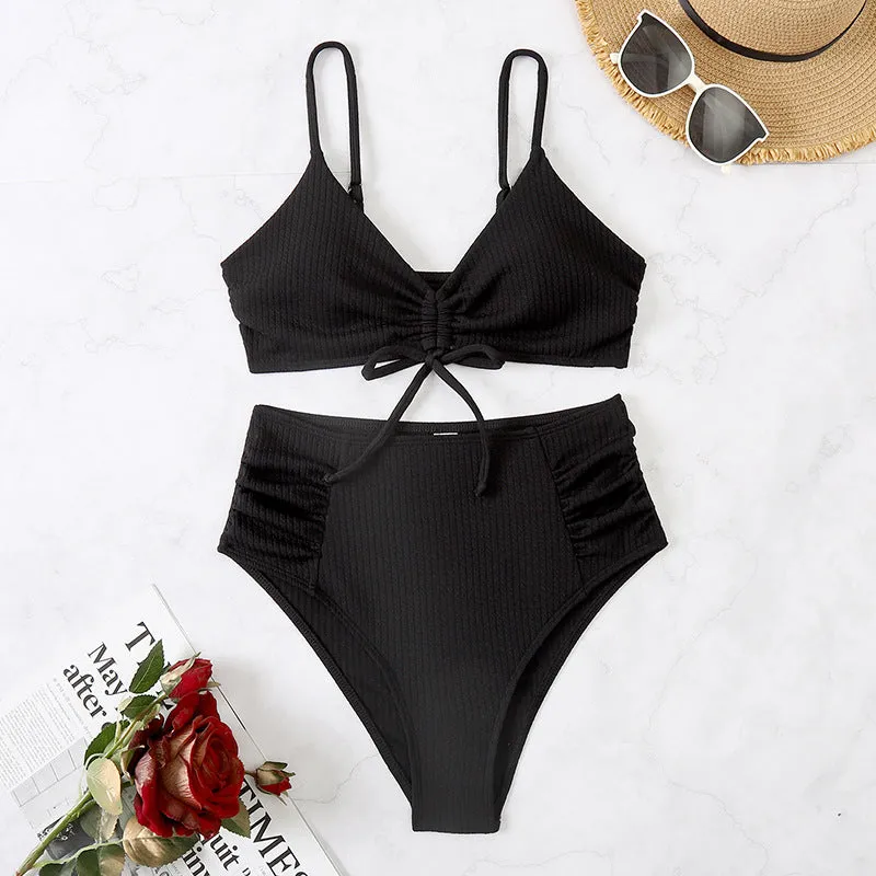 Upopby Solid Pleated High Waist Bikini Set Womens Swimsuit