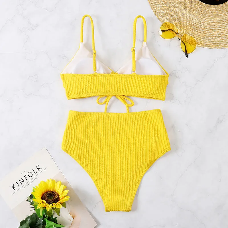 Upopby Solid Pleated High Waist Bikini Set Womens Swimsuit