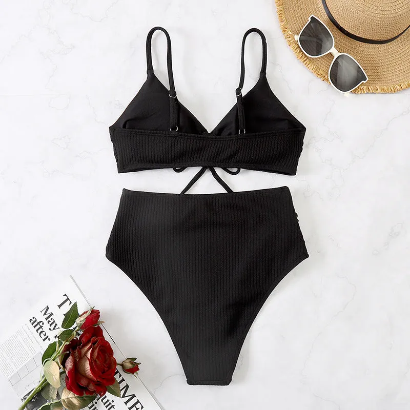 Upopby Solid Pleated High Waist Bikini Set Womens Swimsuit