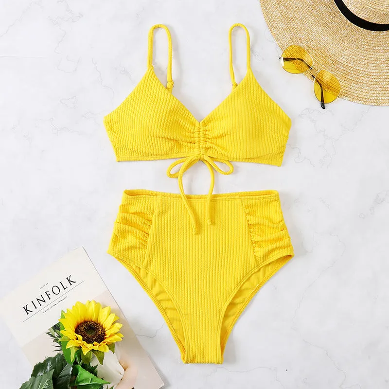 Upopby Solid Pleated High Waist Bikini Set Womens Swimsuit