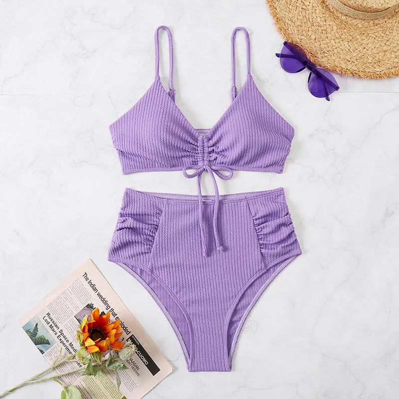 Upopby Solid Pleated High Waist Bikini Set Womens Swimsuit