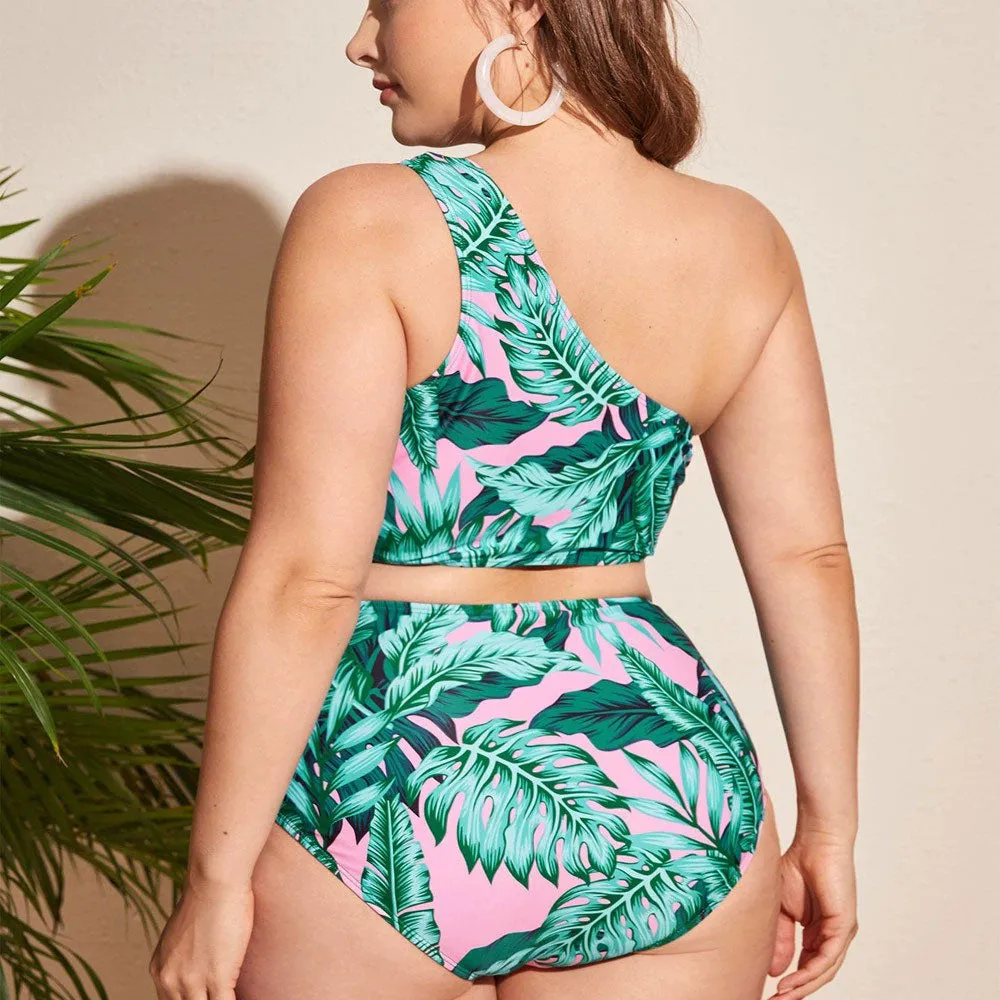 Upopby Tropical Leaf Print Plus Size One-Shoulder High-Waist Bikini