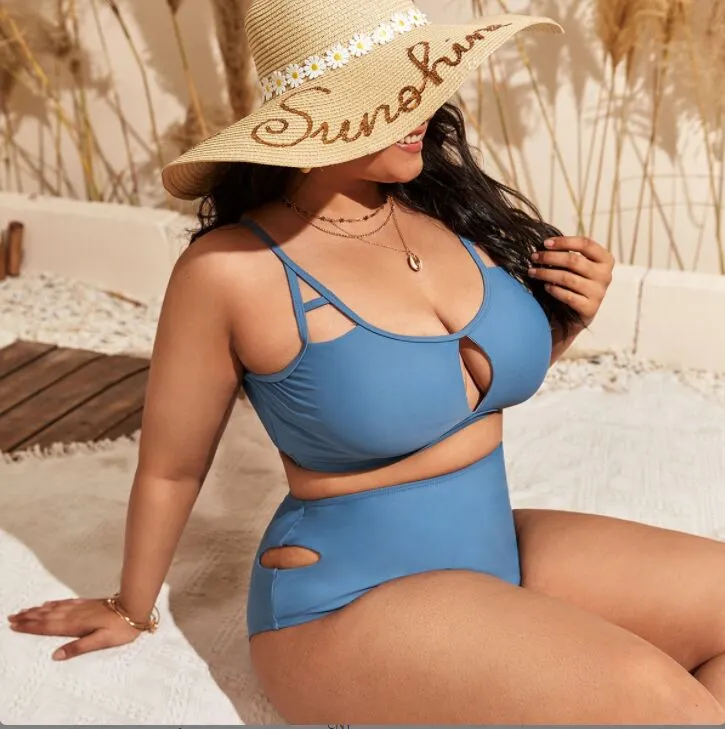 Upopby U-neck Hollow Solid Swimsuit High Waist Bikini Set