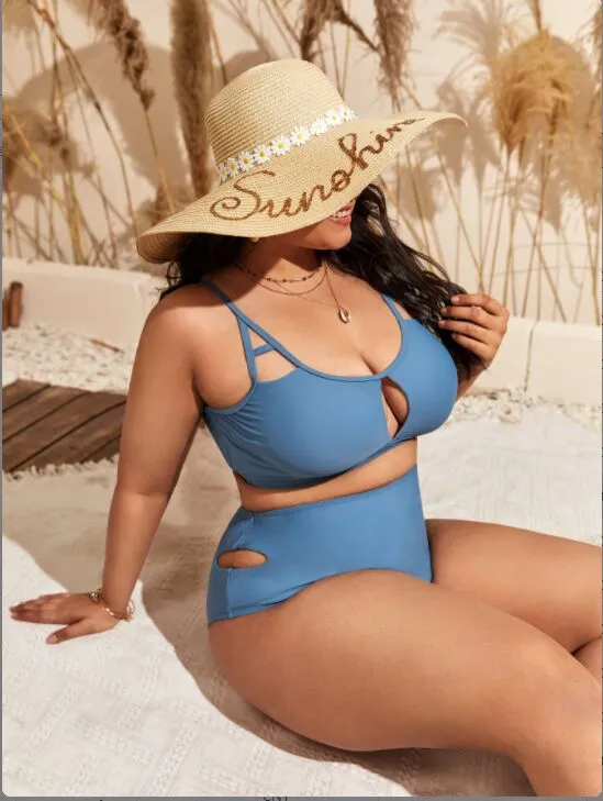 Upopby U-neck Hollow Solid Swimsuit High Waist Bikini Set