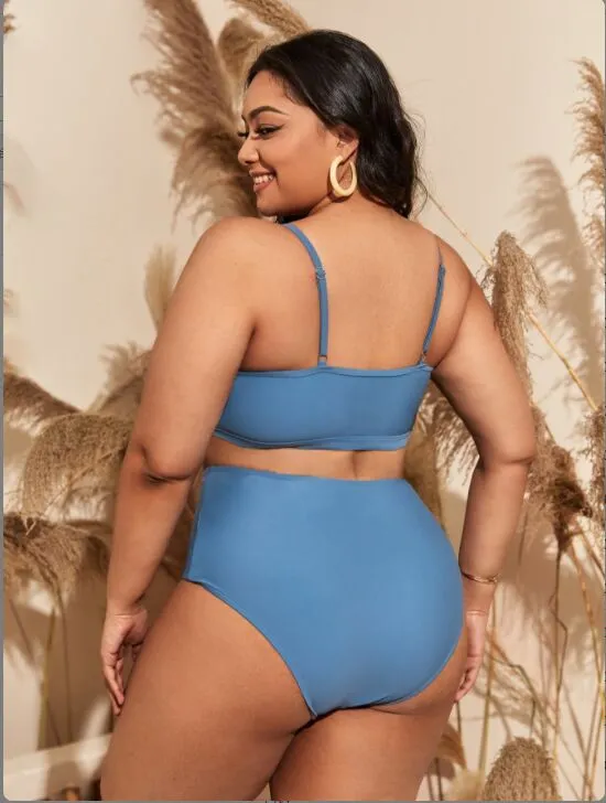 Upopby U-neck Hollow Solid Swimsuit High Waist Bikini Set
