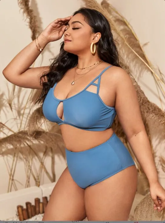 Upopby U-neck Hollow Solid Swimsuit High Waist Bikini Set