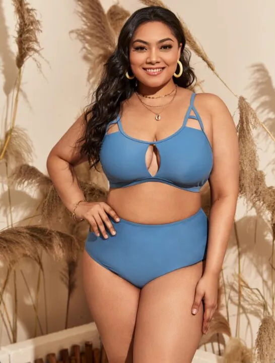 Upopby U-neck Hollow Solid Swimsuit High Waist Bikini Set