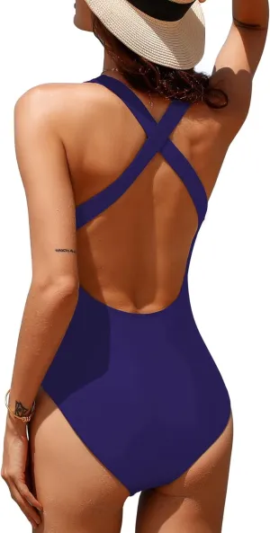 Upopby Women's One Piece Athletic Swimsuit Crisscross Sports Training Racerback Swimwear Plus Size Slimming Bathing Suit