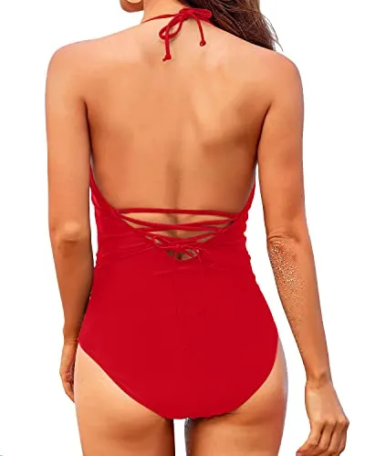 V Neck Halter One Piece Swimsuit For Women Sexy Bathing Suits-Red