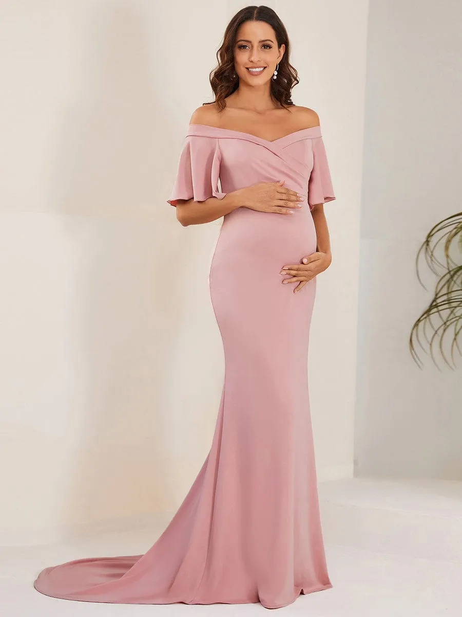 V-Neck Off-Shoulder A-Line Fishtail Maternity Dress(Final Sale)