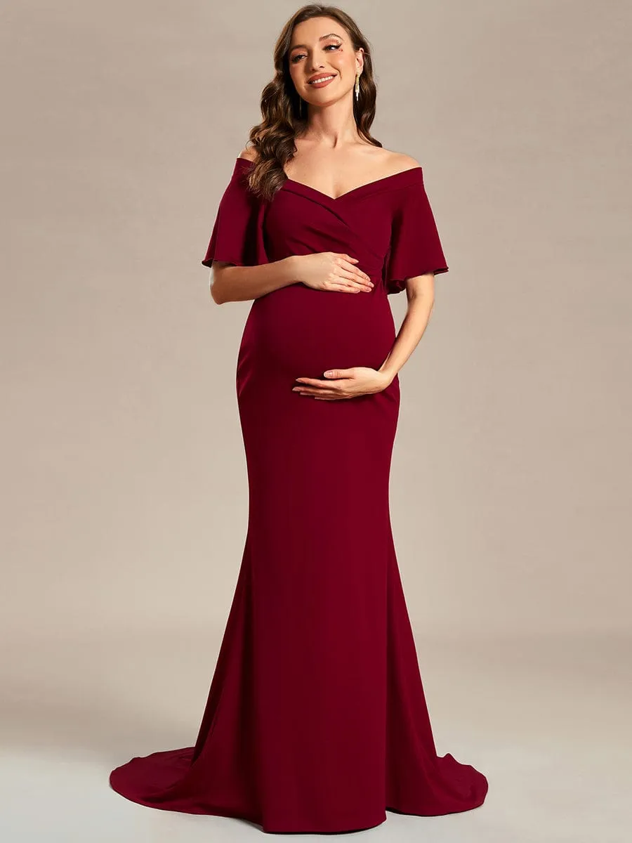V-Neck Off-Shoulder A-Line Fishtail Maternity Dress(Final Sale)