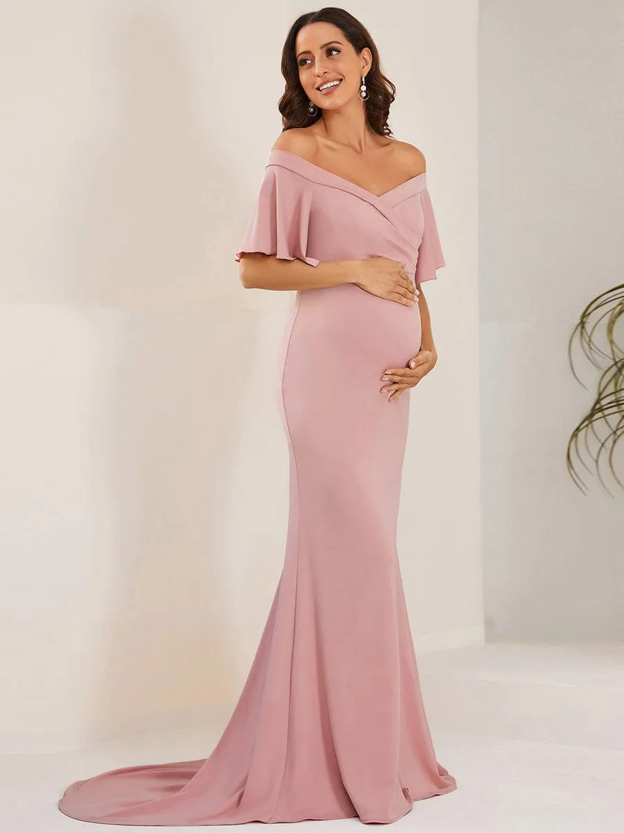 V-Neck Off-Shoulder A-Line Fishtail Maternity Dress(Final Sale)
