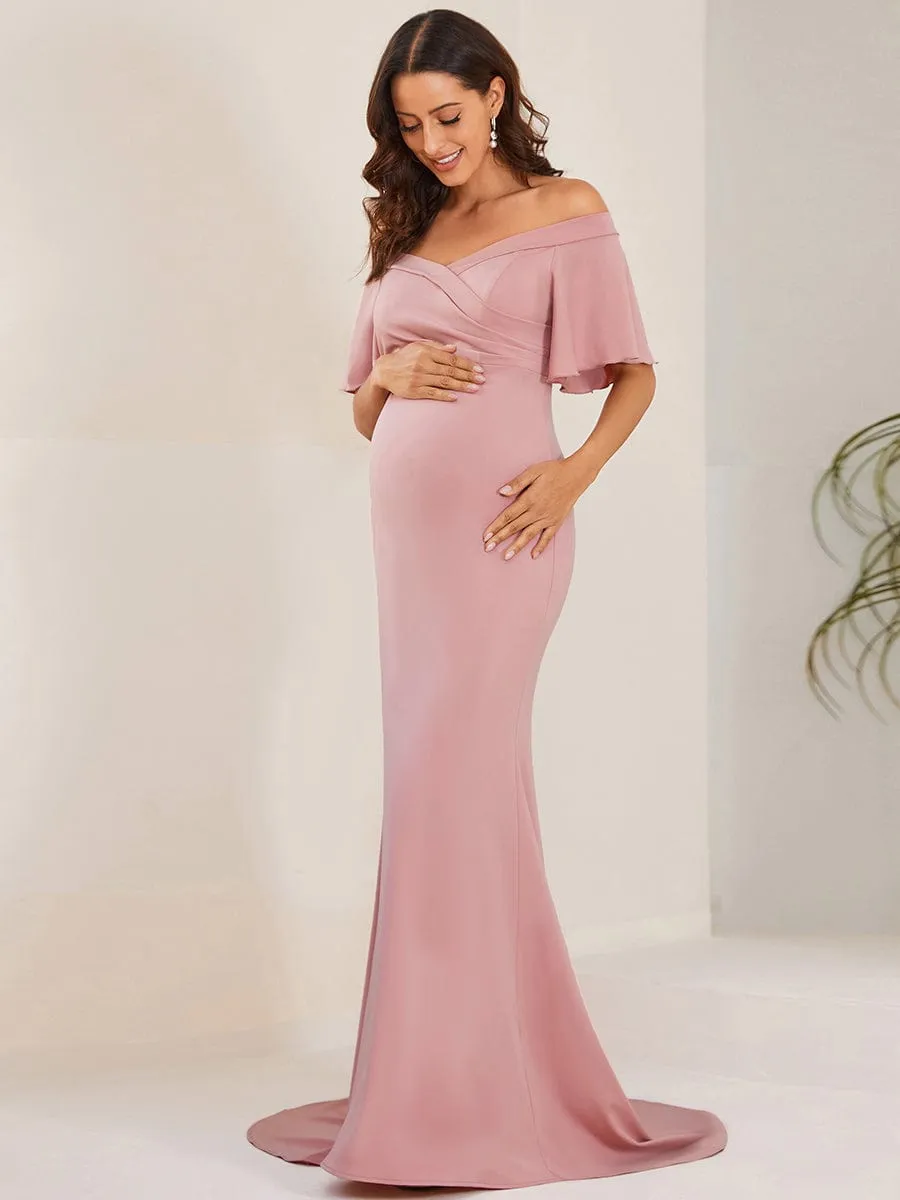 V-Neck Off-Shoulder A-Line Fishtail Maternity Dress(Final Sale)