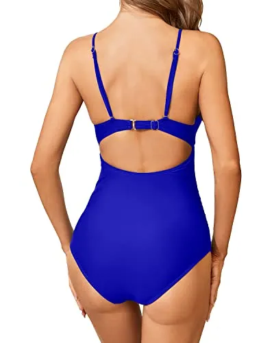 V Neck Ruched Sexy Women's Swimsuit Tummy Control One Piece Bathing Suit-Royal Blue