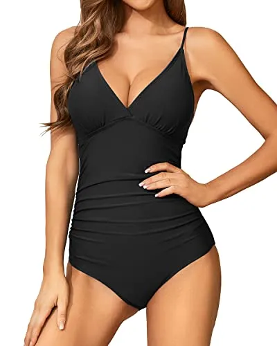 V Neck Women's One Piece Swimsuit Tummy Control Ruched Sexy Bathing Suit-Black