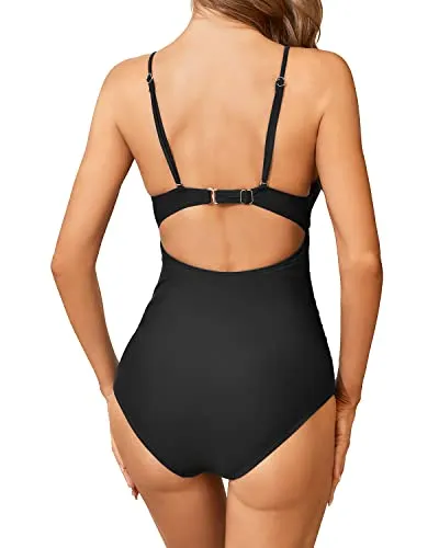 V Neck Women's One Piece Swimsuit Tummy Control Ruched Sexy Bathing Suit-Black