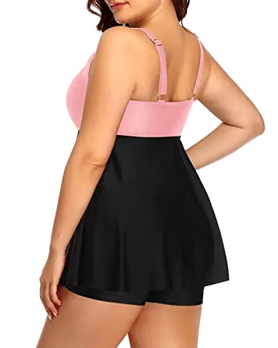 V Neckline Slimming Flare Silhouette Tankini Swimsuits For Women-Pink And Black