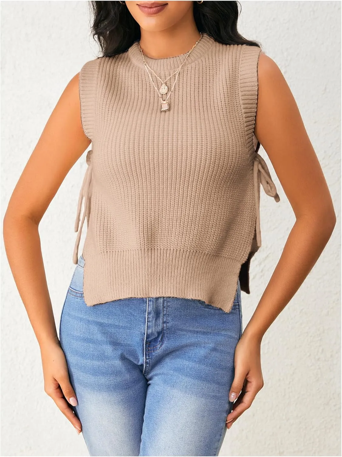 Verdusa Women's Crochet Knit Vest Crop Tank Top Sleeveless Split Tie Side Sweater Vests