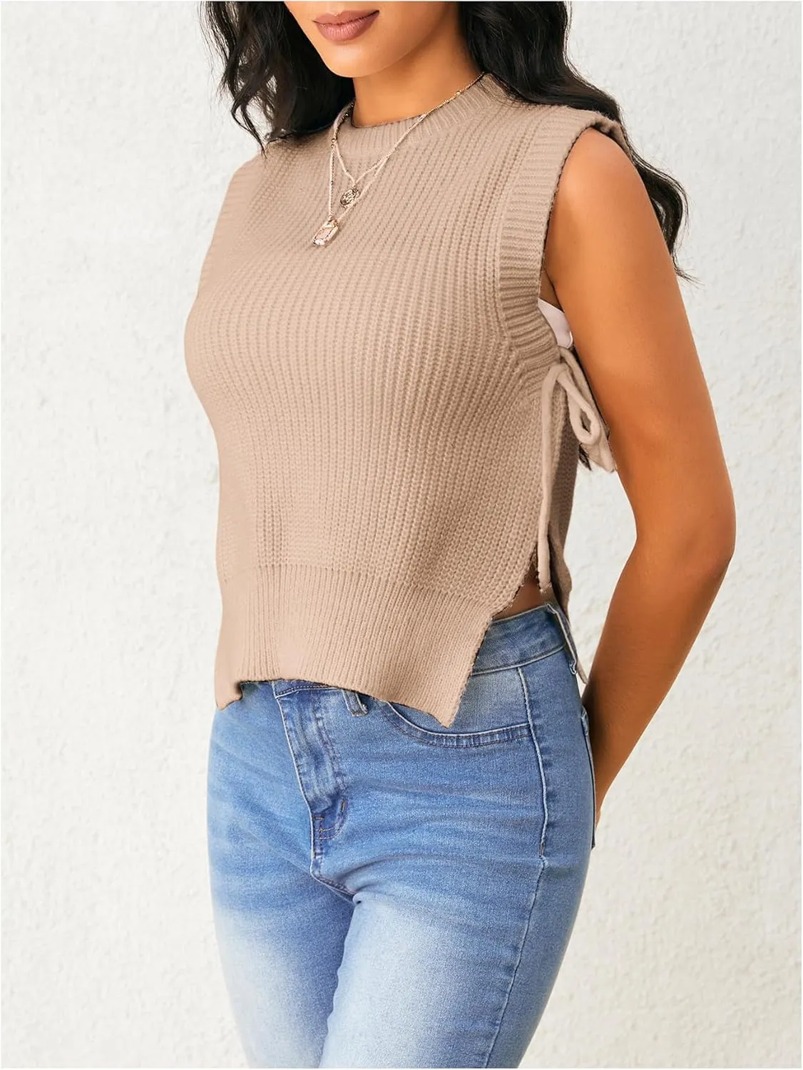 Verdusa Women's Crochet Knit Vest Crop Tank Top Sleeveless Split Tie Side Sweater Vests
