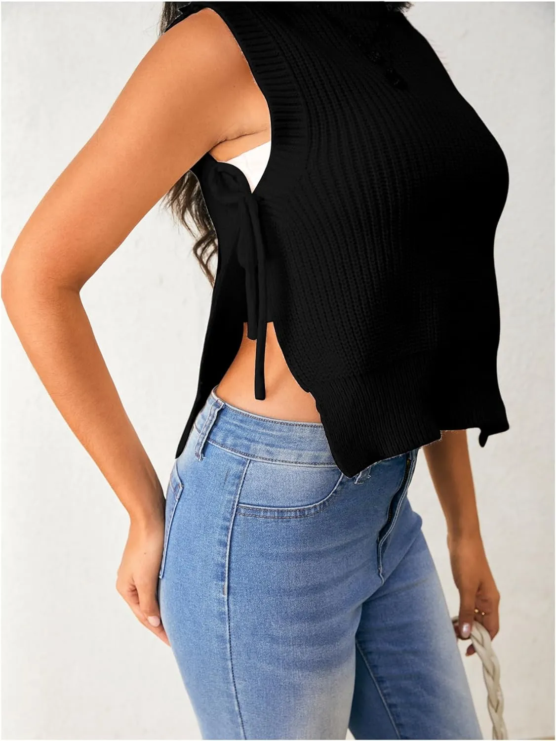 Verdusa Women's Crochet Knit Vest Crop Tank Top Sleeveless Split Tie Side Sweater Vests