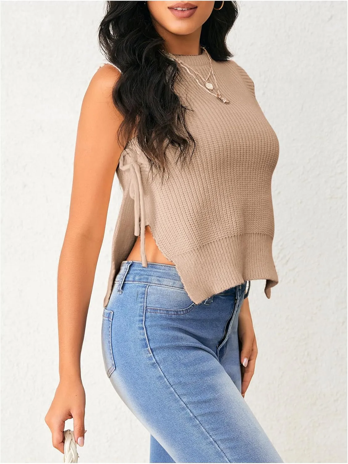 Verdusa Women's Crochet Knit Vest Crop Tank Top Sleeveless Split Tie Side Sweater Vests