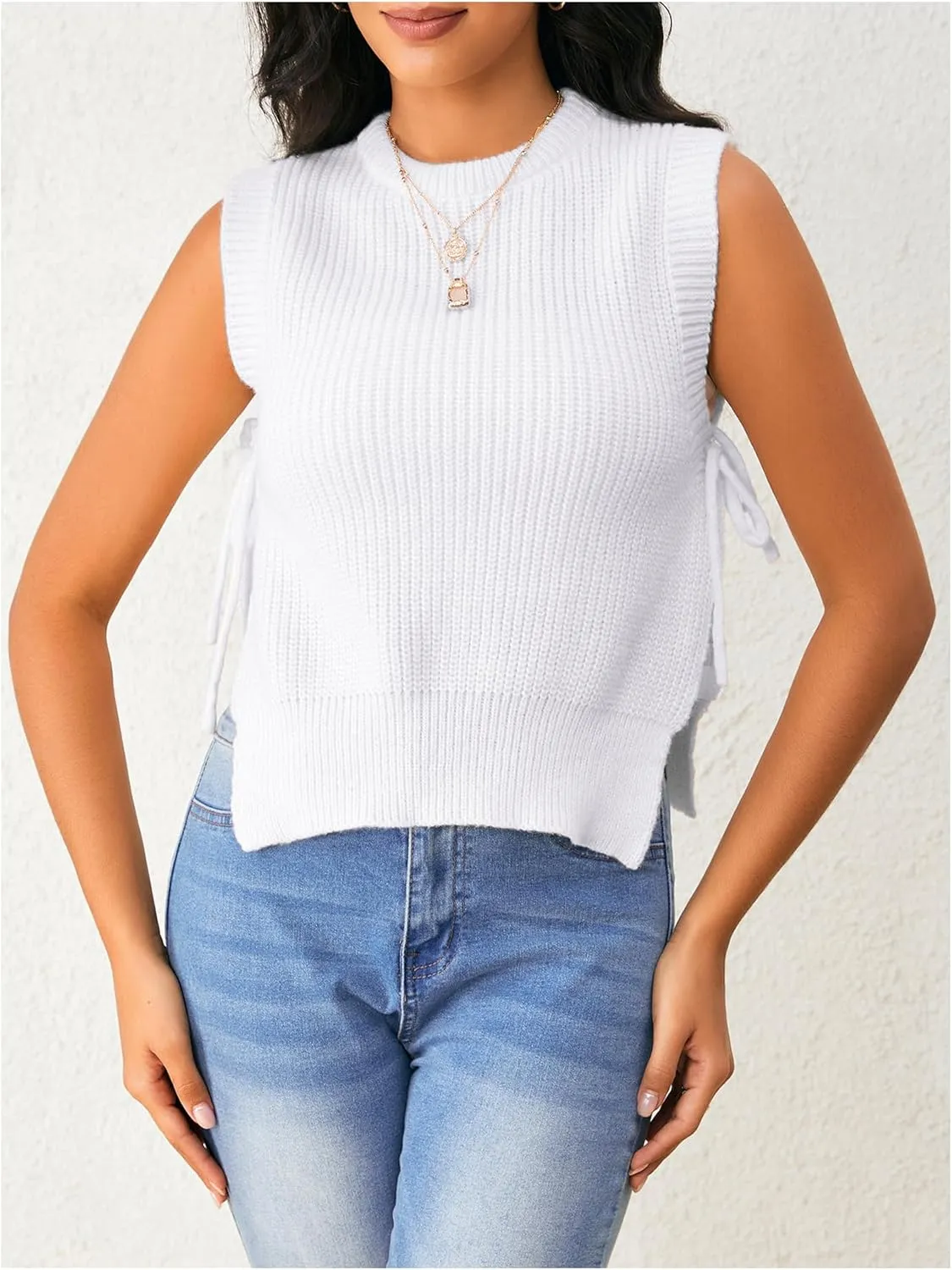 Verdusa Women's Crochet Knit Vest Crop Tank Top Sleeveless Split Tie Side Sweater Vests