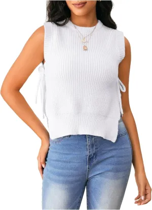 Verdusa Women's Crochet Knit Vest Crop Tank Top Sleeveless Split Tie Side Sweater Vests