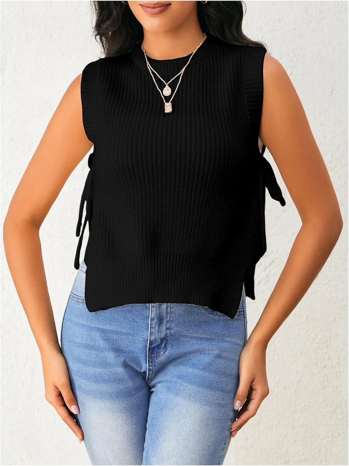 Verdusa Women's Crochet Knit Vest Crop Tank Top Sleeveless Split Tie Side Sweater Vests
