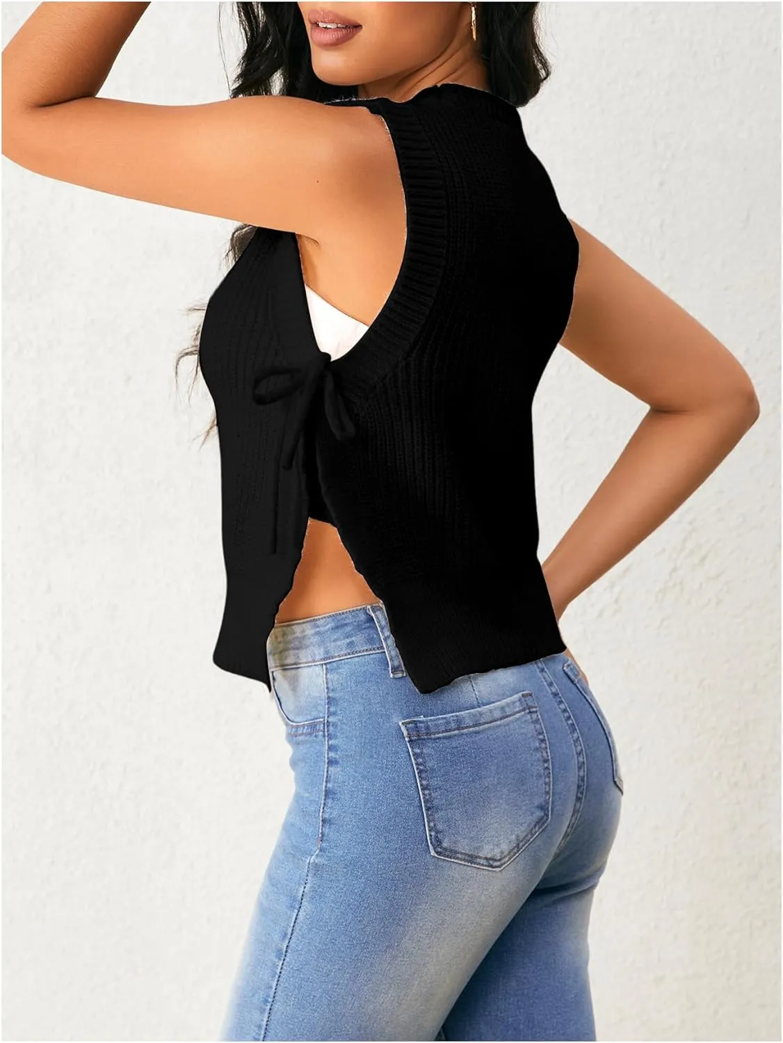 Verdusa Women's Crochet Knit Vest Crop Tank Top Sleeveless Split Tie Side Sweater Vests