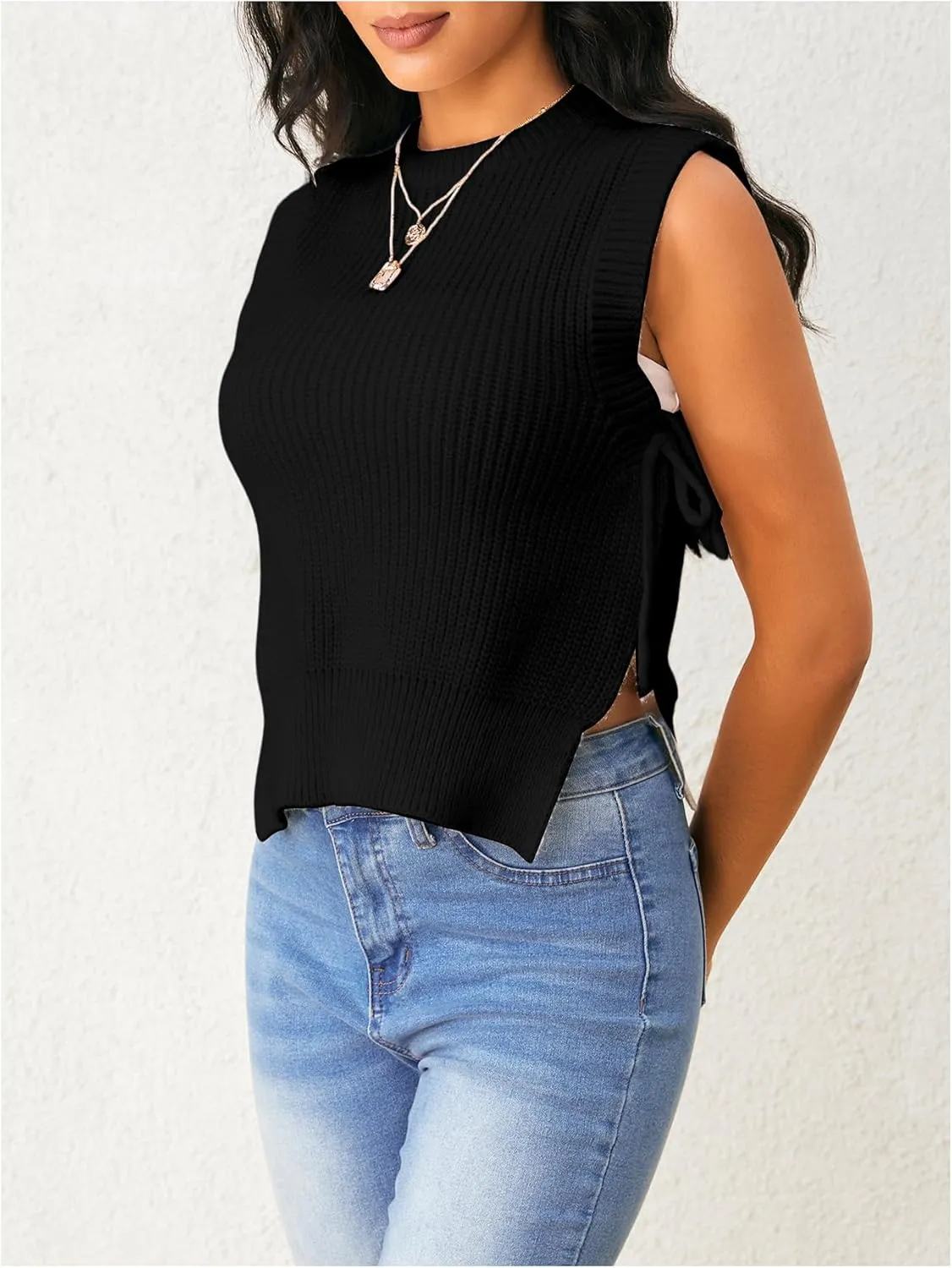 Verdusa Women's Crochet Knit Vest Crop Tank Top Sleeveless Split Tie Side Sweater Vests